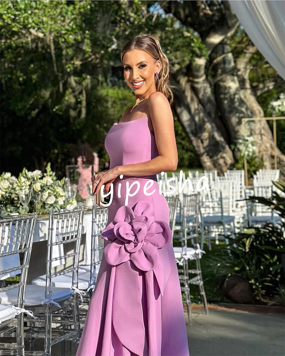 Customized Fashion Jersey Flower Trumpet Strapless Long Dresses Homecoming Dresses Chinese Style Formal Sizes Available High Qua