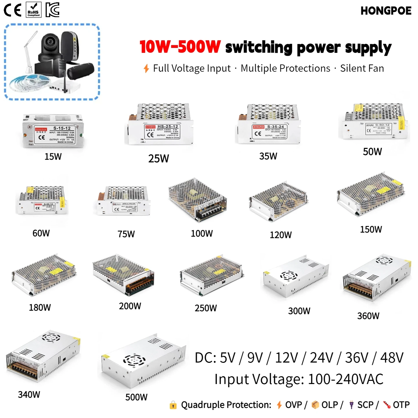 

Блок питания CE SMPS 10W-500W с выходом 5V 9V 12V 24V 36V 48VDC и входом 100/240VAC для светодиодных лент, двигателей, аккумуляторов и систем видеонаблюдения.