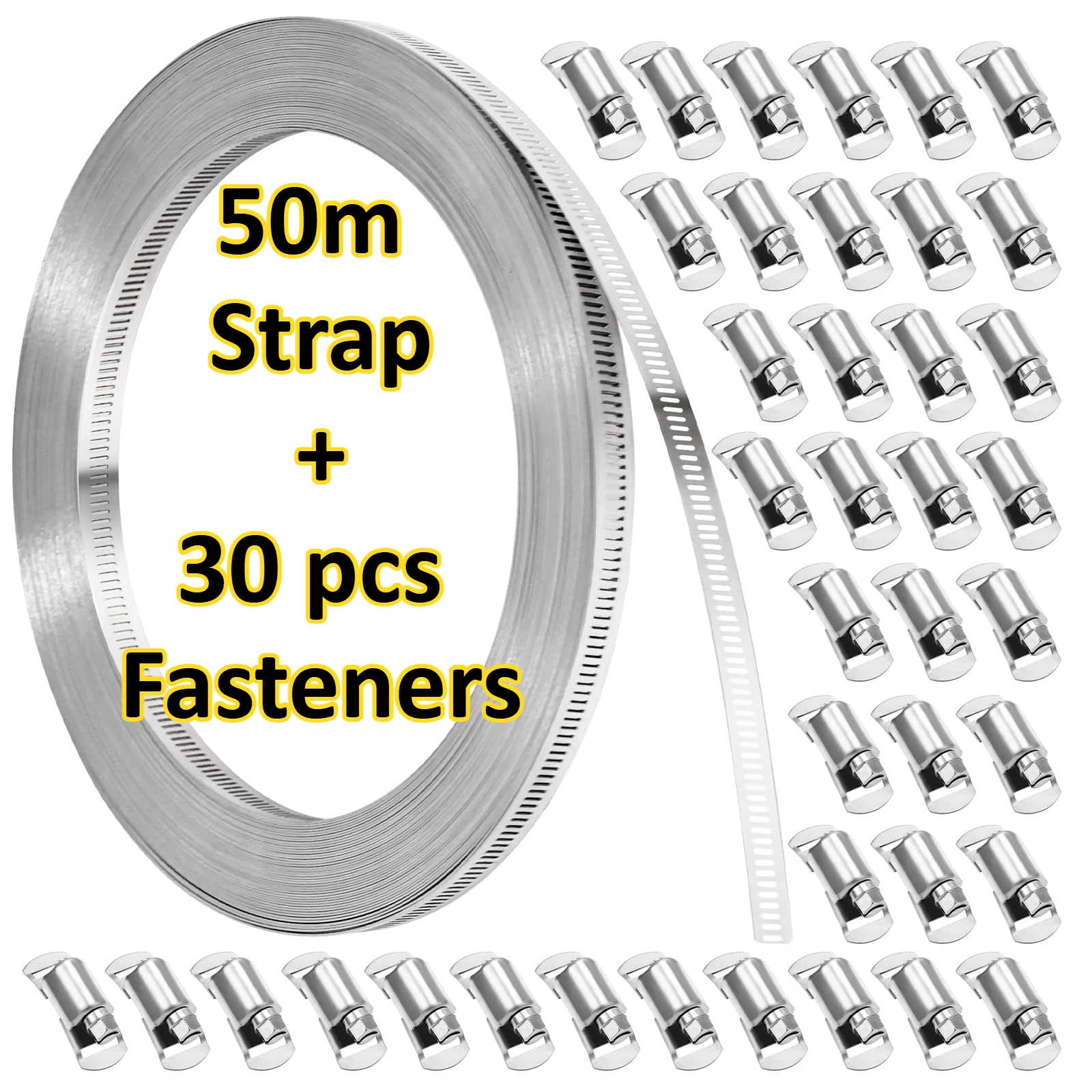 

Stainless Steels 50m Metal Strap + 30pcs Fasteners Kit Large Adjustable Worm Gear for Pipe Automotive Mechanical Applications