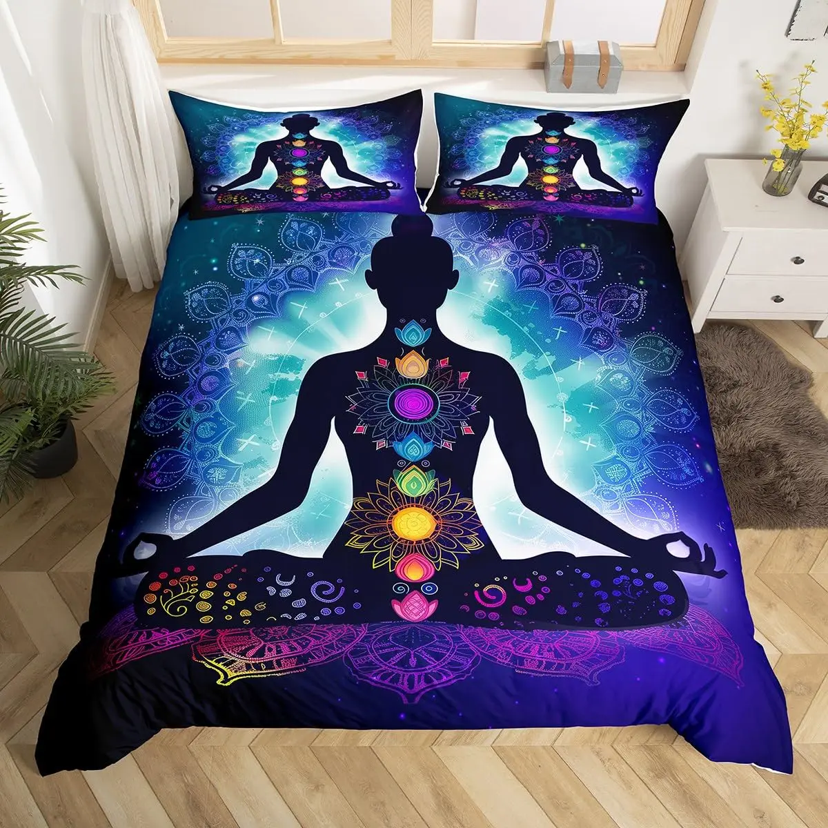 

Yoga Duvet Cover Full King Chakra Meditation Bedding Set,Mandala Comforter Cover Boho Hippie Style with Chakra Art Print Bed Set