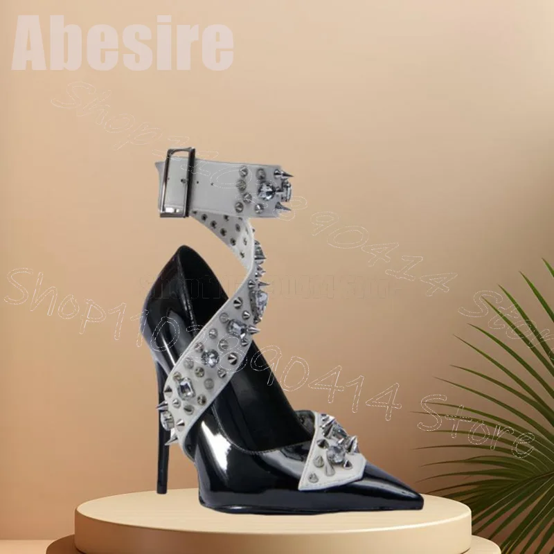 

Silver Spikes Decor Black Pointed Toe Pumps Buckle Strap Women Shoes Thin High Heels Sexy Party Banquet 2025 Zapatos Para Mujere