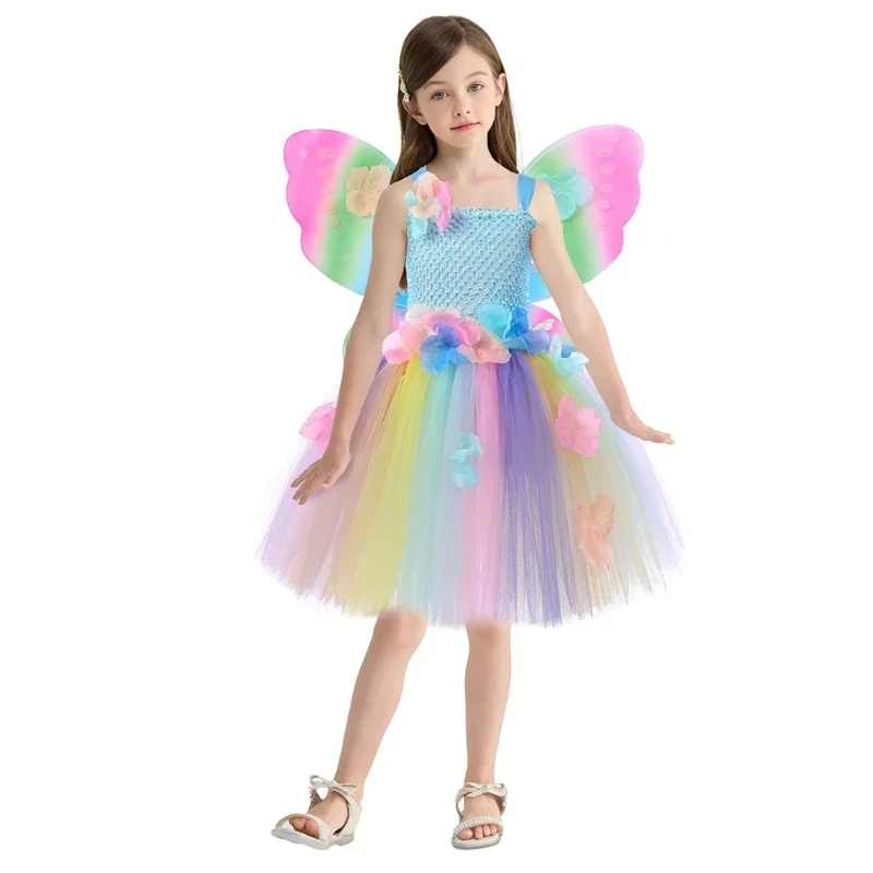 Butterfly Fairy Style Tutu Princess Dress with Wings,Rainbow Flower Design Party Outfit,Halloween Dress Up Clothing for Birthday