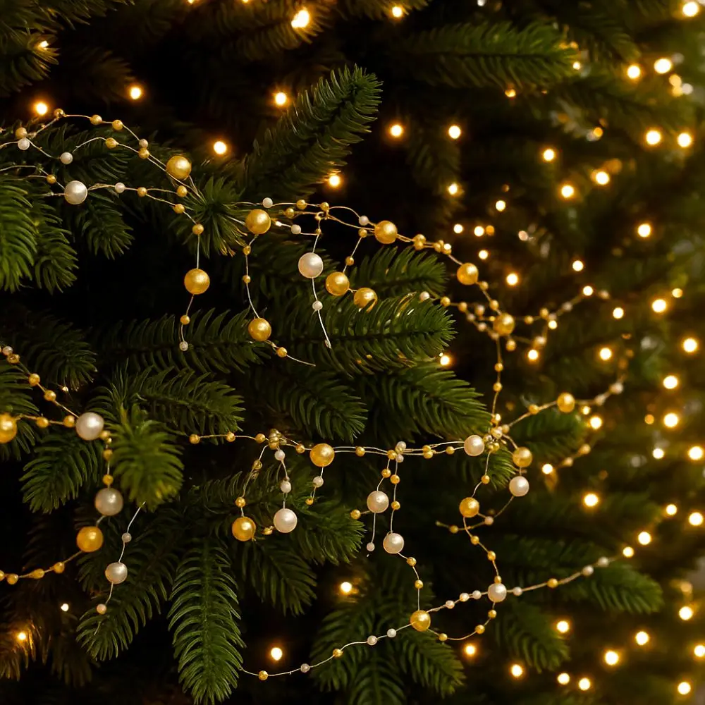 

Artificial Fishing Line Pearls Chain Glitter White Gold Christmas Tree Beads Chain 2M Decorative Branch Garland Crystal Curtain