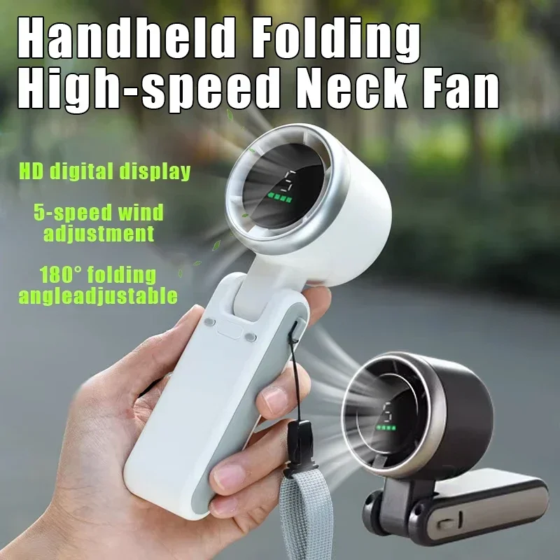 Mini High-Speed Rechargeable Handheld Turbo Fan with 5-Speed Adjustable Foldable Design Portable for Outdoor Camping Travel