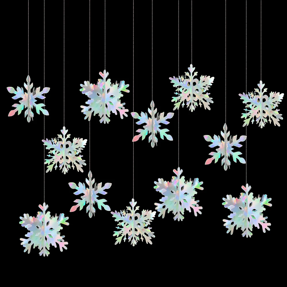 12Pcs Christmas 3D Hanging Snowflakes Iridescent Paper Rainbow Snow Flakes Winter Frozen Birthday Party Decorations