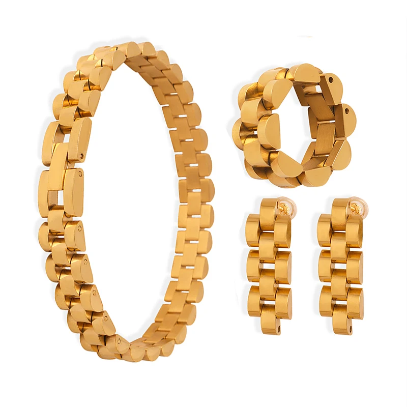 

Модный ремешок для часов, браслет из нержавеющей стали, кольца, серьги для женщин и мужчин, позолоченные водонепроницаемые комплекты ювелирных изделий в стиле панк