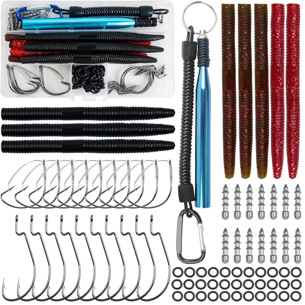 94pcs Bass Fishing Lures Wacky Rig Kit with Wacky Rig Tool O-Rings Worm Hooks Nail Weights for Carolina Texas Rig Fishing tackle