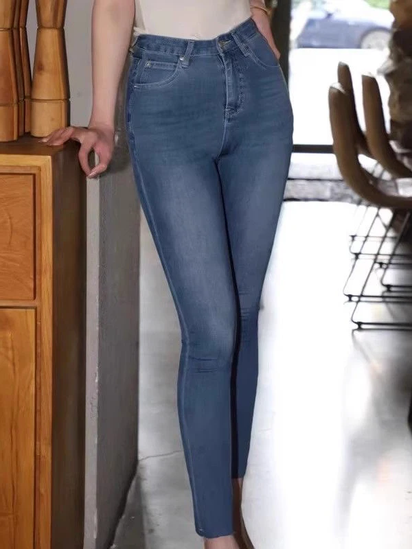 Comfortable Skin-Friendly Blue Thin New Color  Denim Jeans High Waist Nine Points Women's Slim Fit Pencil Pants Casual S...