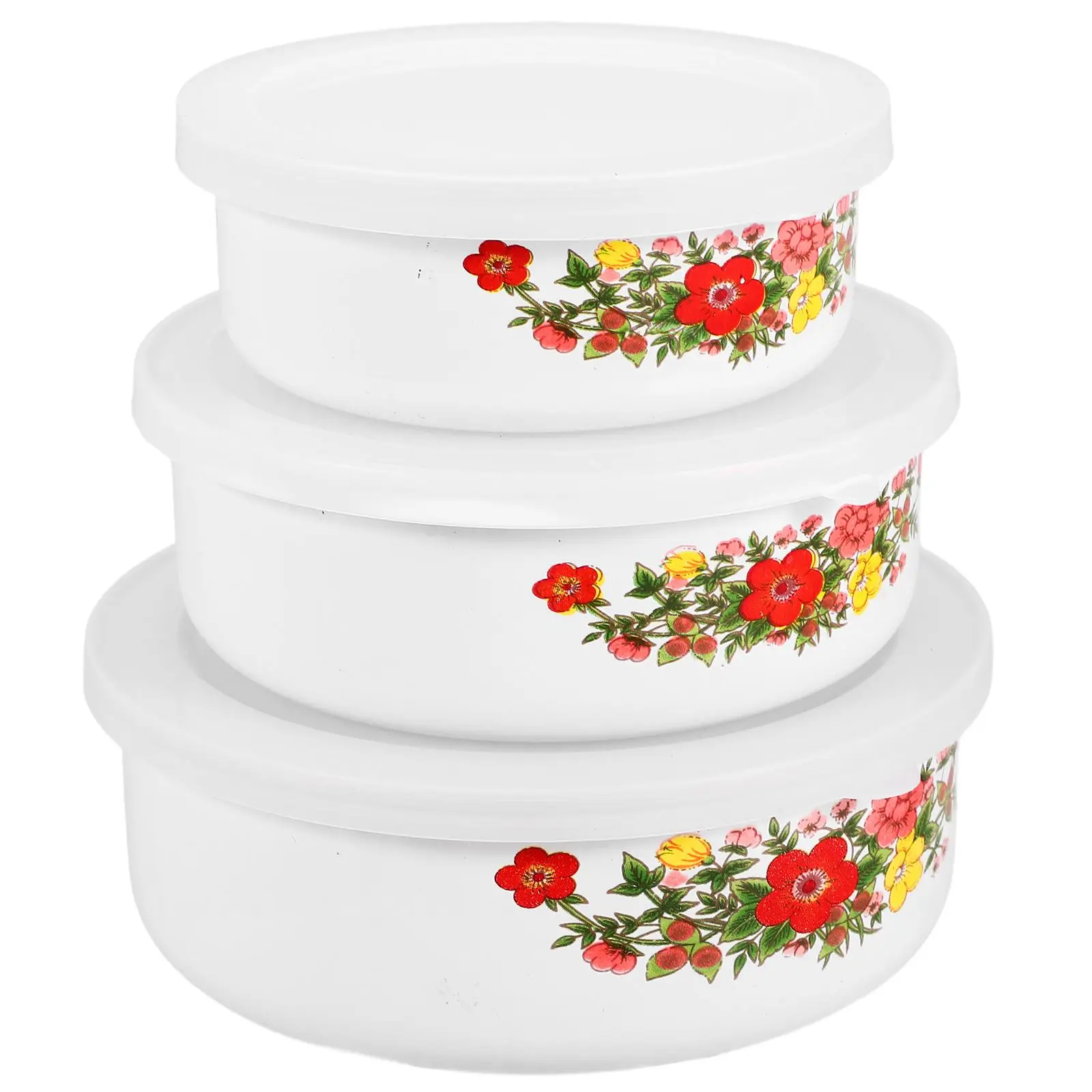 3 Piece Enamel Fresh Keeping Bowls Set Large Medium Small Flower Pattern Food Storage Container Salad Pasta Rice Soup