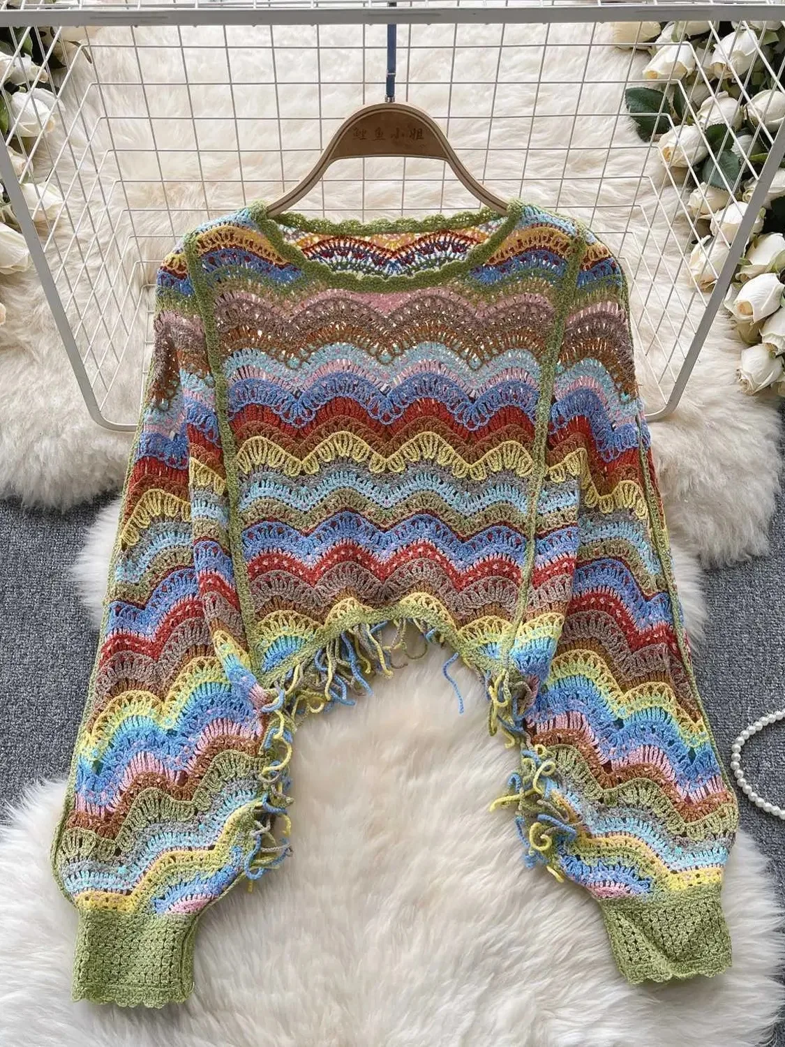 

Multi-Colored Crop Top Openwork Crochet Batwing Crop Top Long Sleeve Vacation Crop Top Bohemian Beach Cover-Up Knitwear