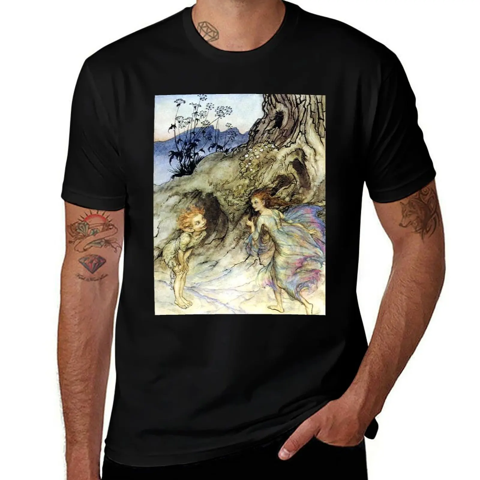 

Puck and a Fairy - Midsummer Night's Dream - Arthur Rackham T-Shirt cotton man t-shirts anime tshirt plain t shirts men