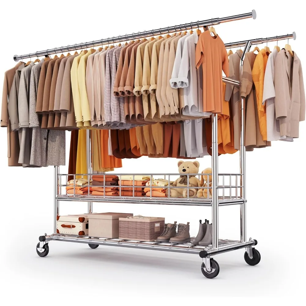

Heavy Duty Clothing Clothes Rack for Hanging Clothes Adjustable Rolling Garment Rack with Wheels for Bedroom, Living Room (Doub