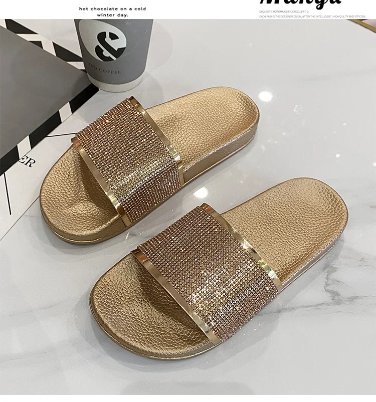 Flash Diamond Slippers PU Bright Metallic Flip Flops Women\'s Casual Shoes PV Good Craft Thick Sole Rhinestone Slippers JX1022-1