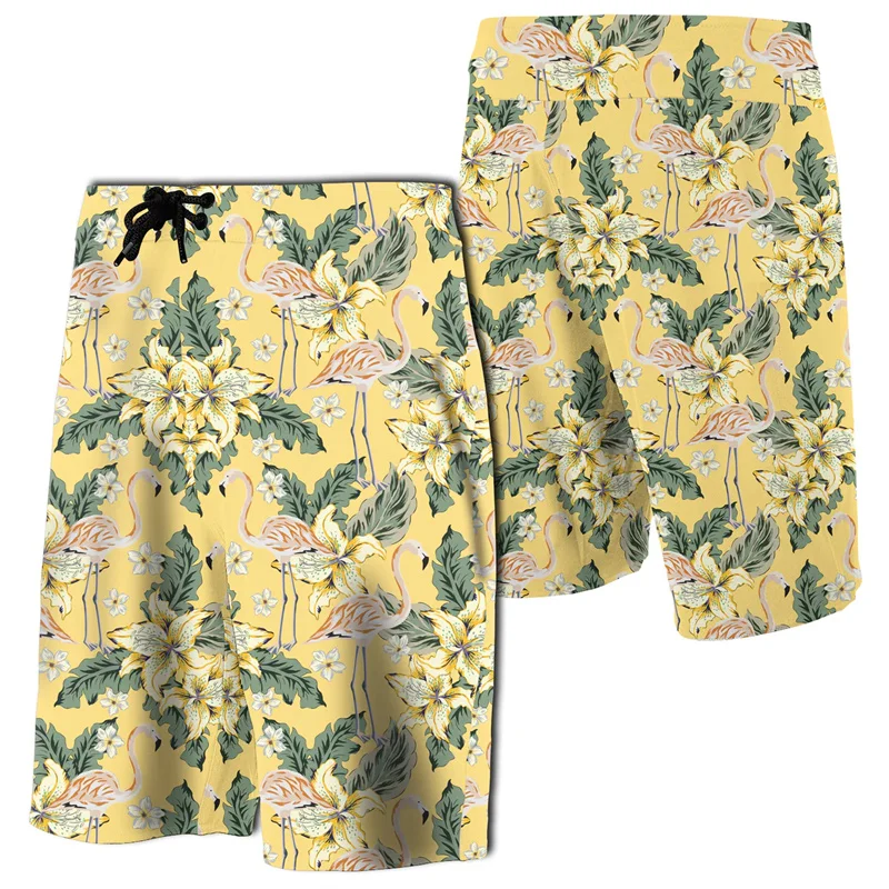 Tropical Flamingo Yellow Board Shorts Hawaii Men's Shorts Women Vacation Beach Short Pants Polynesian Floral Shorts Swim Trunks