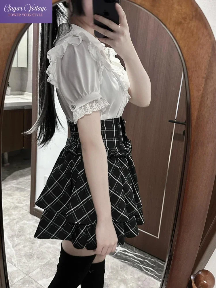 اليابانية لطيف الحلو Y2k لوليتا كعكة تنورة المرأة هايت الخصر حجر الراين منقوشة تكدرت الطبقات التنانير Kawaii ألف خط التنانير الصغيرة #5