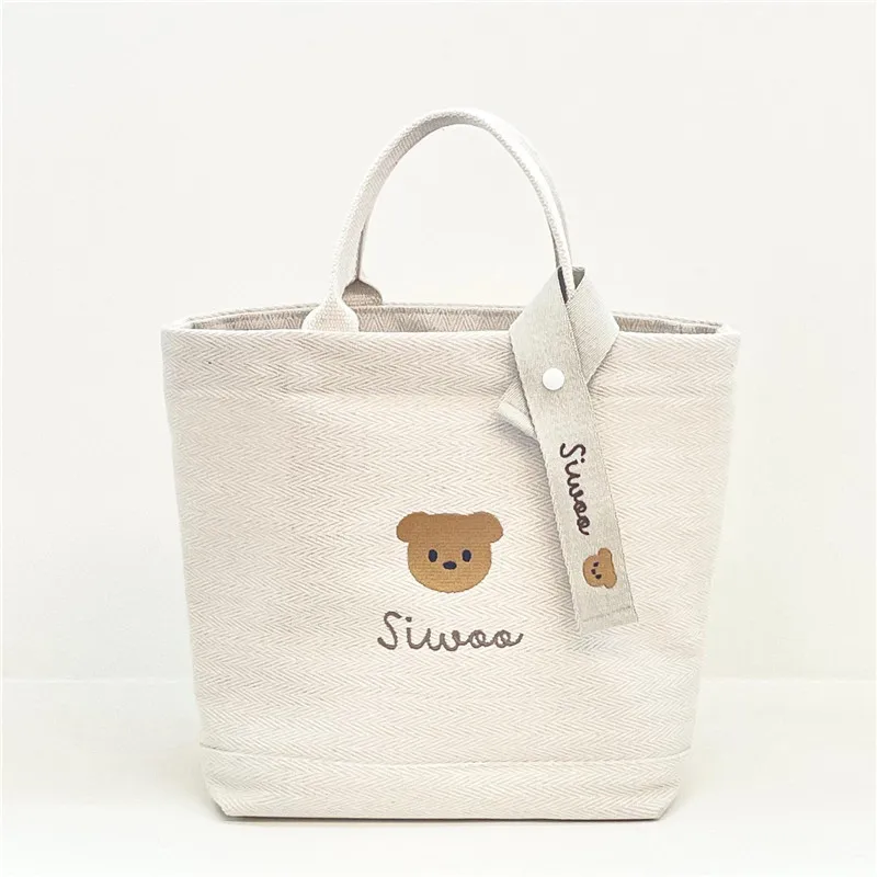 

South Korea Ins Mommy Handbags Go Out To Carry Mother Bag Office Worker Canvas Lunch Bag Bear Embroidered Young Ladies Tote Bag