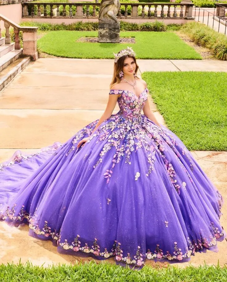 Robe de Quinceanera de princesse violette, brodée florale 3D, démontable, Sweet 15, Off Initiated, CAN ac