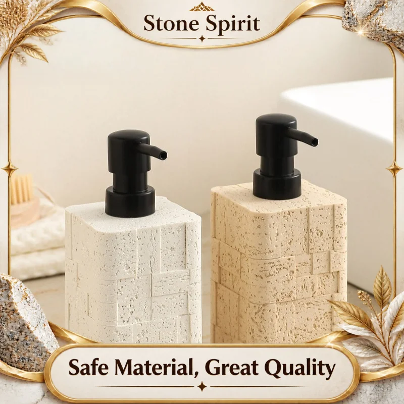 Modern Minimalist Travertine Texture Lotion Dispenser, Luxury Press Pump Hand Soap Bottle for Bathroom Sink, Sleek Home Decor