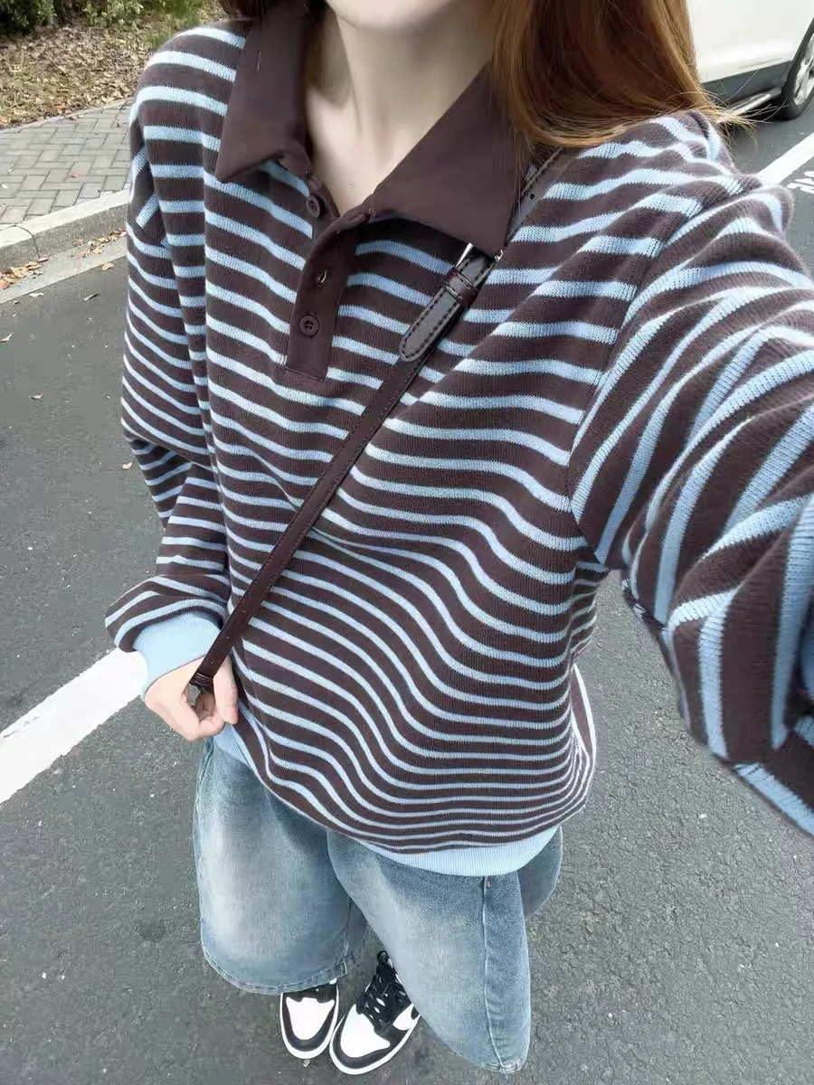Retro Korean Style Striped Long Sleeve Women's Sweater Loose Fit Autumn Winter Fashion Design Single Piece Casual Knitwear