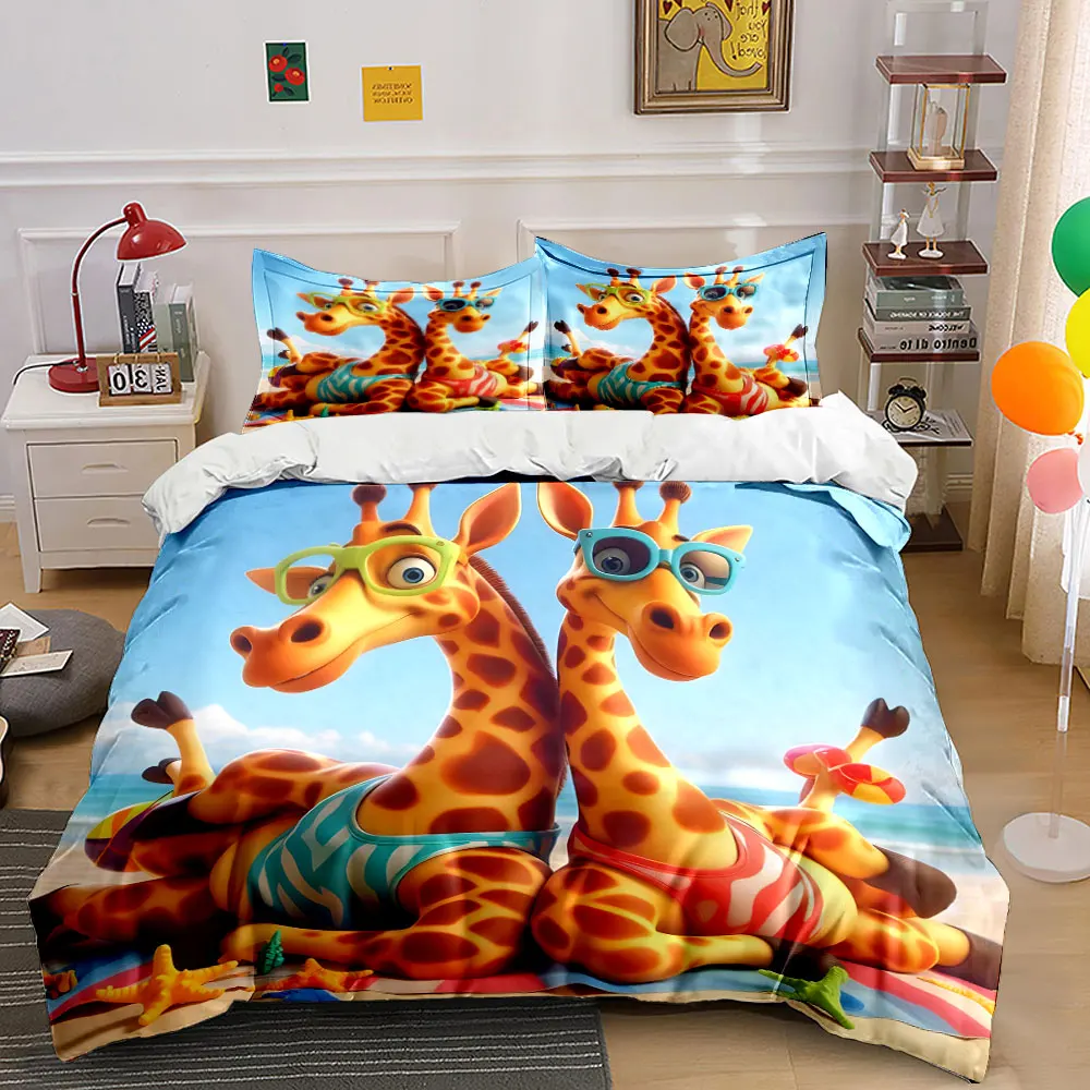 Giraffes on beach vacation Duvet Cover Set with 3D Printing Design Soft Polyester Bedding Set All-Season Comfort Luxury gifts