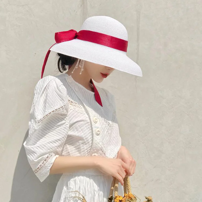 Summer hat new female sun hat folding beach hat big brim travel sunscreen Hepburn wind sun hat travel