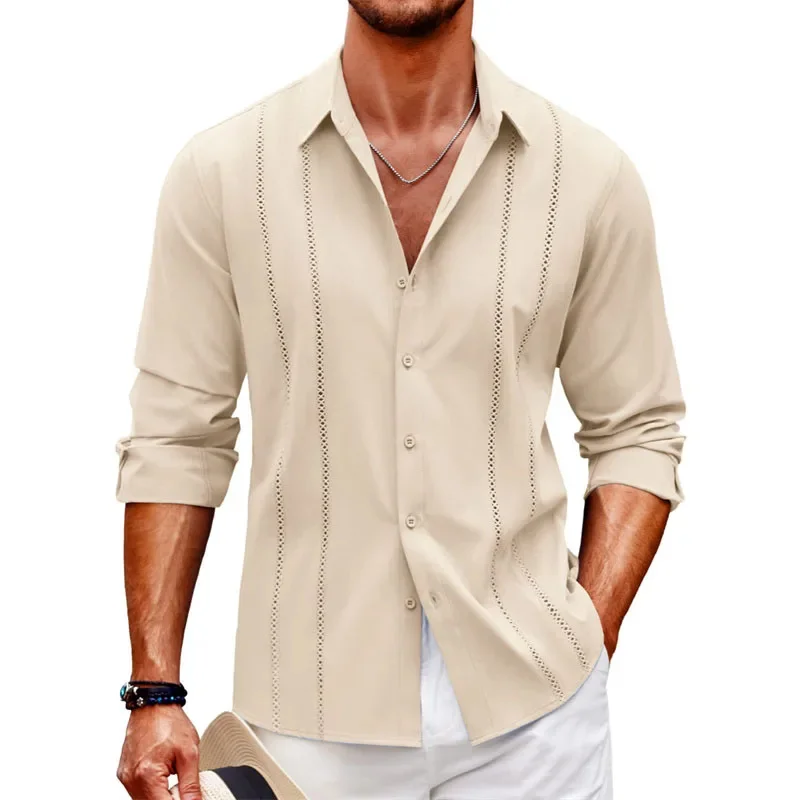 New casual men's long sleeved shirt with beach buttons, men's long sleeved solid color, plus size, comfortable