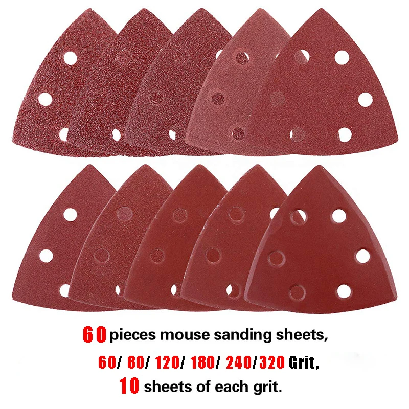 

60 Pcs Triangle Sanding Pads Mouse Sander Pads Sandpaper With 6 Holes 60/80/120/180/240/320 Grits For Delta Sanders/Multi-Sander