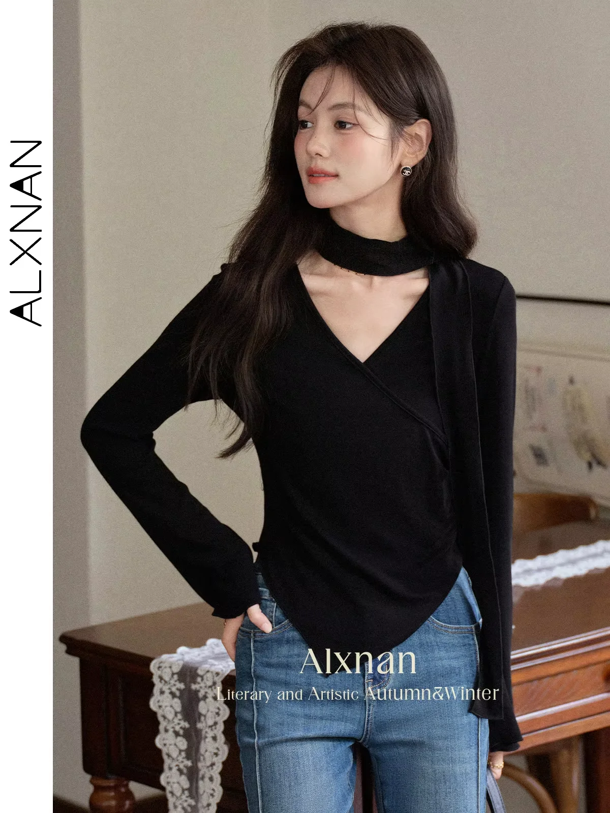 

ALXNAN женская футболка черные хлопковые футболки с длинными рукавами элегантные повседневные облегающие топы с нерегулярным v-образным вырезом для офисных женщин L569105 L56989