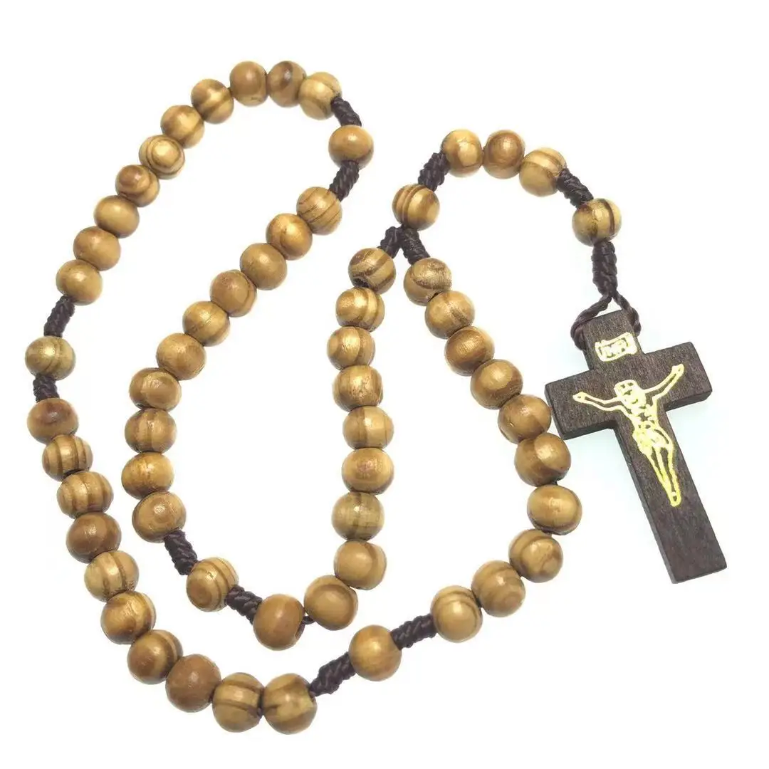 10pcs/pack wholesale cheap olive/pine wooden beads religious rosary, catholic rosary necklace with wooden cross
