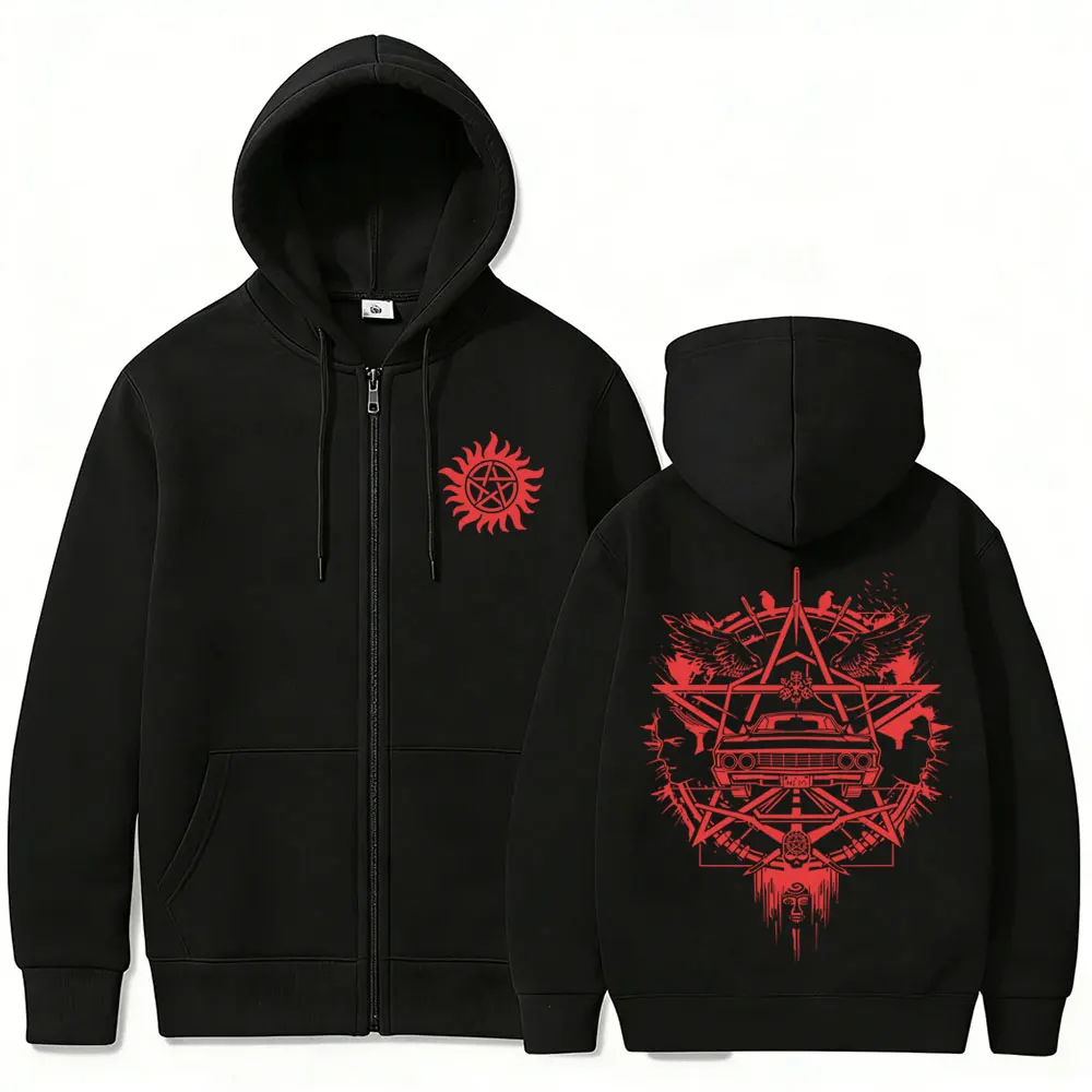 Supernatural Grafik-Reißverschluss-Hoodie für Herren und Damen, lässige Retro-Fleece-Baumwolljacke mit Reißverschluss, Unisex-Cosplay-Oversize-Sweatshirt mit Reißverschluss – Detail 3