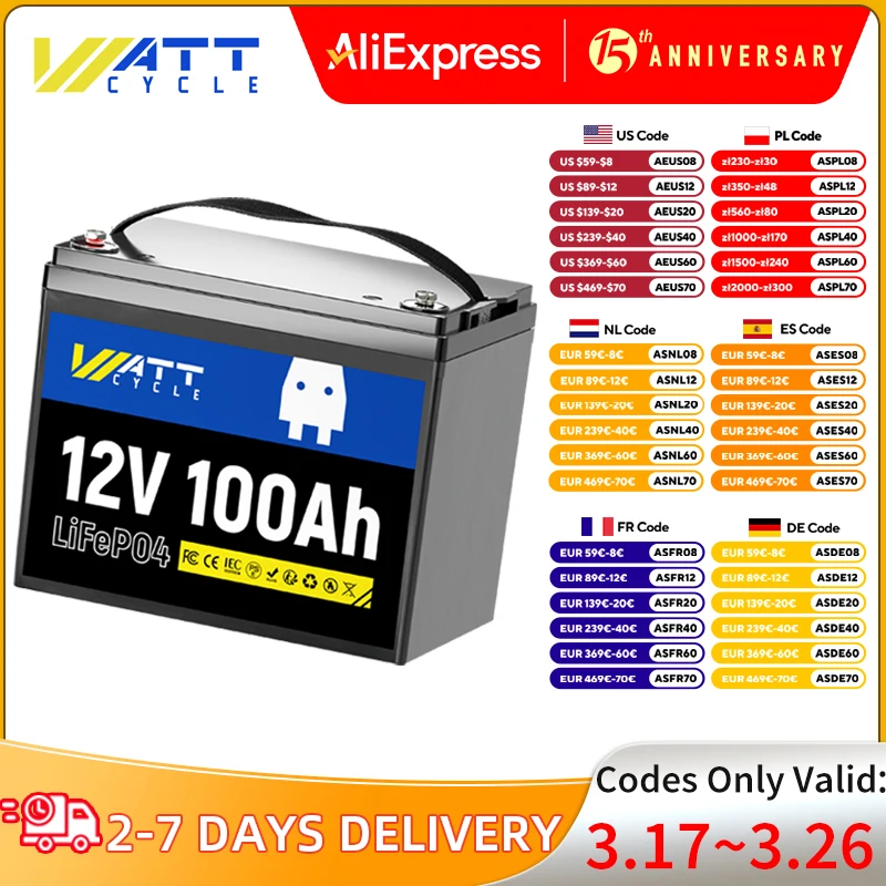 Wattcycle 12V 100Ah LiFePO4 Battery Packs Grade A Cells Rechargeable For Outdoor / Home Storage Lithium Iron Phosphate Batteries