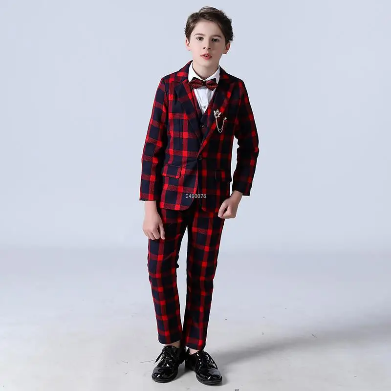 

Children Formal Wedding Suit Flower Boys Red Jacket Vest Pants 3PCS Party Photograph Set Teenager Kids Tuxedo Dress Show Costume