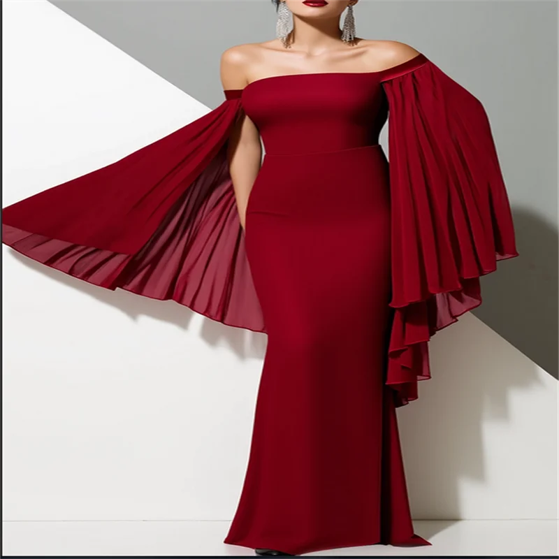 Abito da ballo in chiffon con spalle scoperte Abito da sera da donna elegante ed elegante bordeaux Abito lungo maxi festivo modesto per ragazza personalizzato