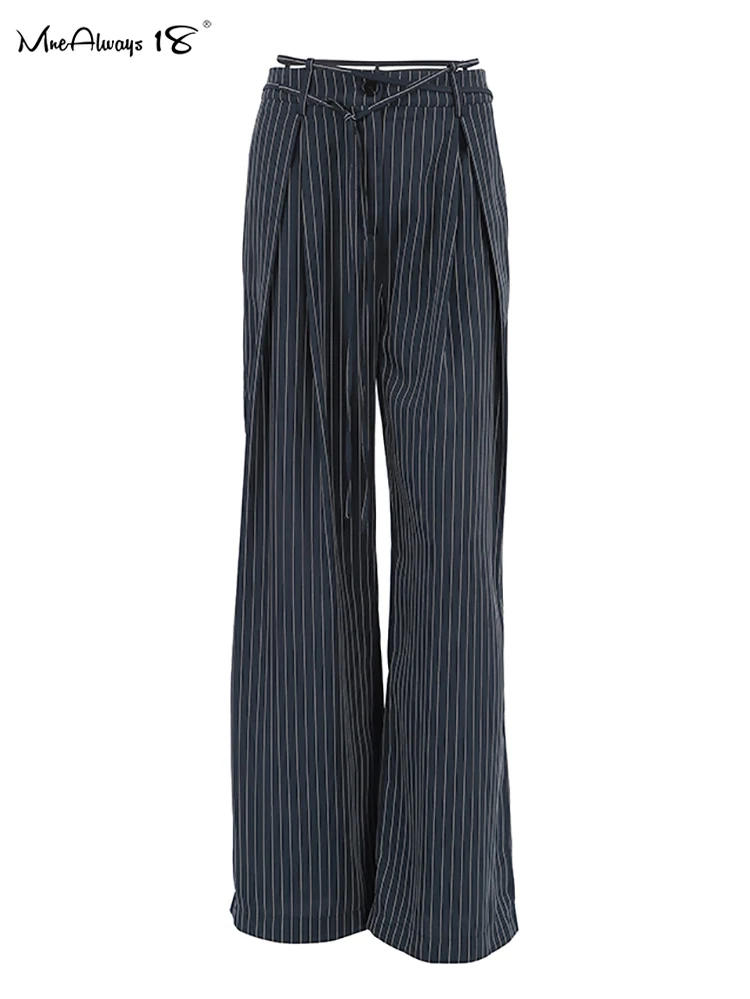 女性用プリーツストライプパンツ,レースアップオフィスパンツ,地面までの長さ,ワイドレッグ,ロングカジュアルパンツ,Mnealways18-High,春,2022
