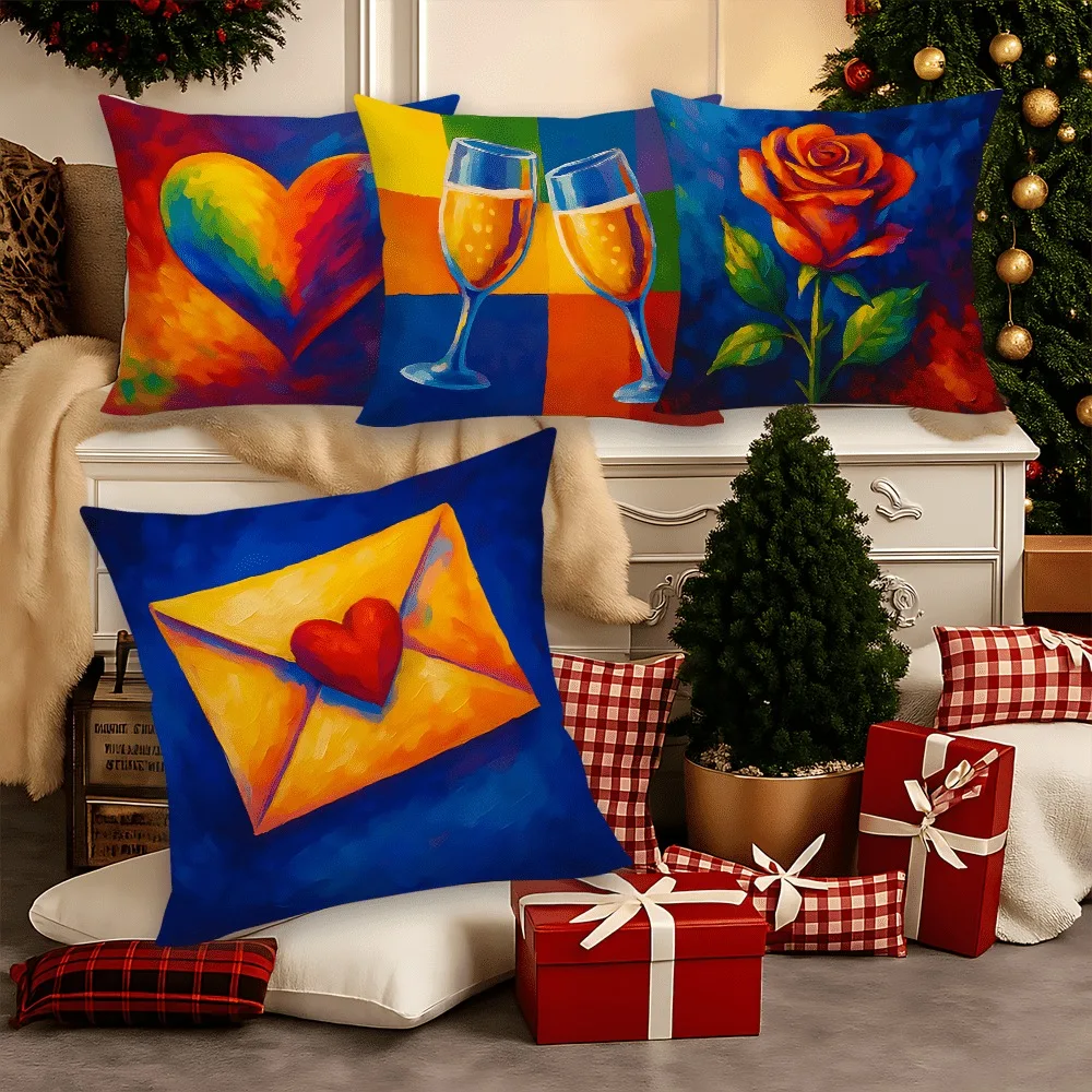 

Colorful Abstract Romantic Pillowcase: Heart & Toast Pattern Decorative Pillow Cover