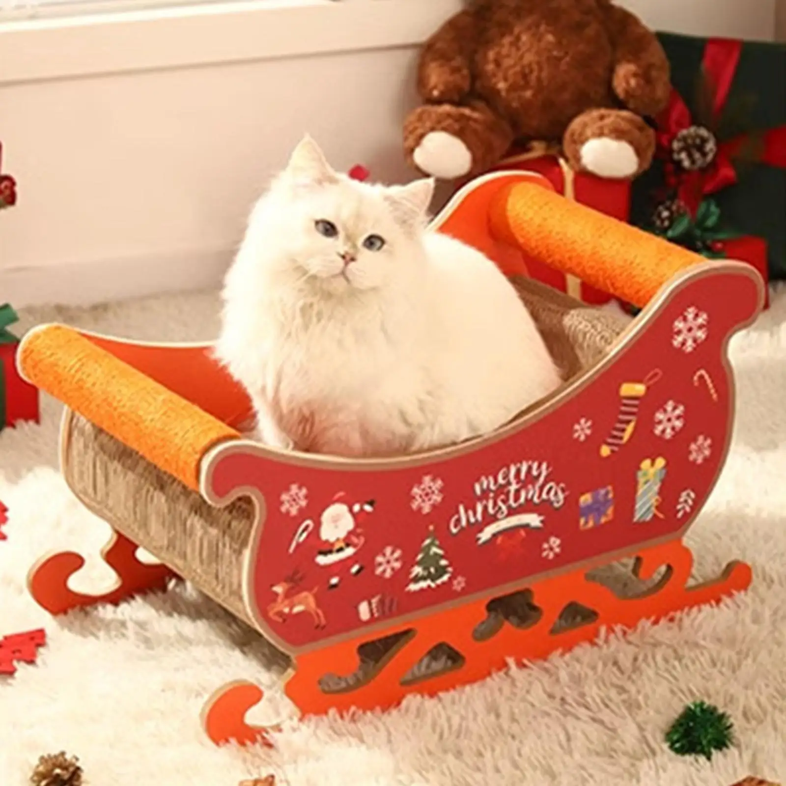 Santa Sleigh Cat Scratcher Bed Christmas Decoration Playing Holiday Cat Scratch Pad Kitten Scratcher Board Pad for Pet Gift