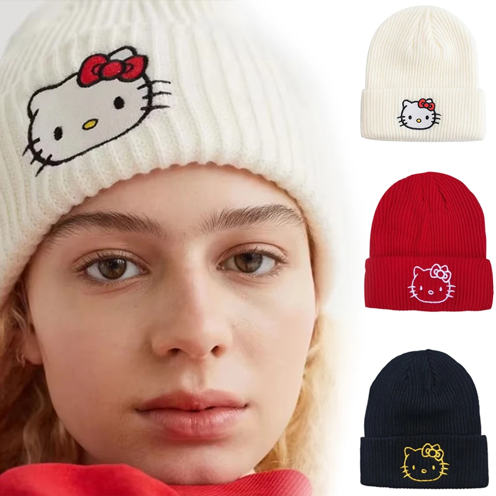 Hello Kitty Winter Hats Knitted Cap Cute Cartoon Warmer Stretchy Hats Outdoor Sports Hat Winter Beanie Hat for Women Men Gifts