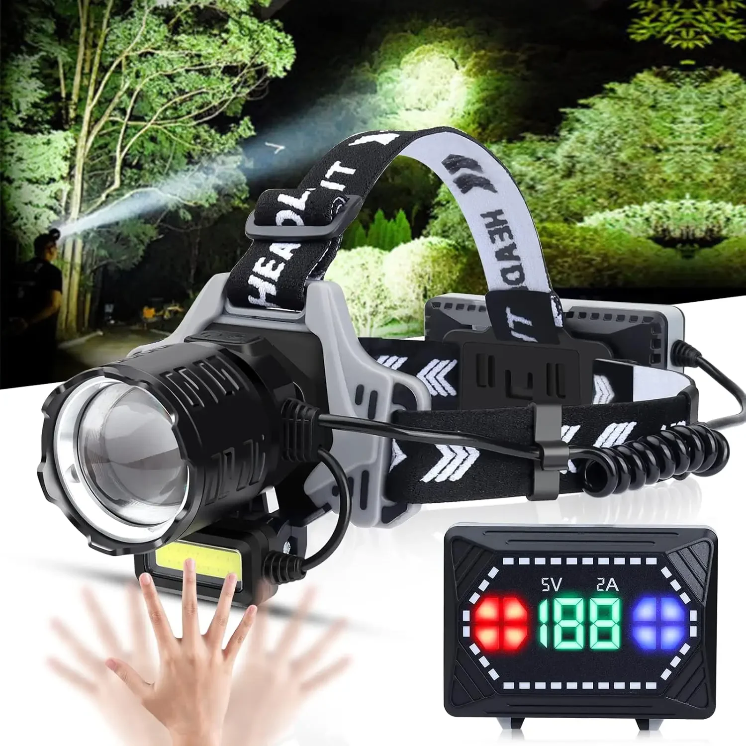 

12000LM Sensor LED Headlamp USB Rechargeable Shot 1500m Zoomable Headlight Flashlight Outdoor Powerbank Camping Spotlight