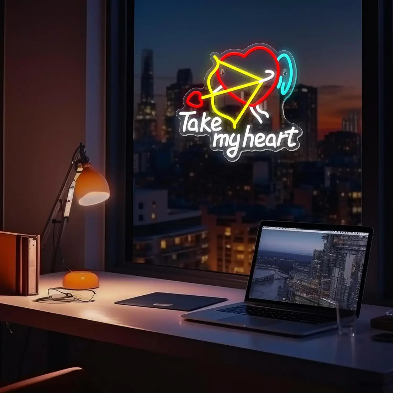 Take My Heart Neon Sign Cupid Arrow Red Heart LED Wall Art Multicolor Acrylic USB Powered Dimmable Light Valentine Bedroom Decor