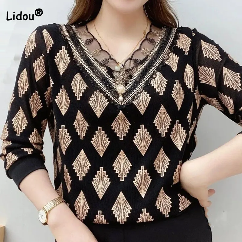 Fashion V-Neck Female Gauze Spliced Tops Spring Autumn Vintage Casual Printing Long Sleeve Beading T-shirt Women\'s Clothing