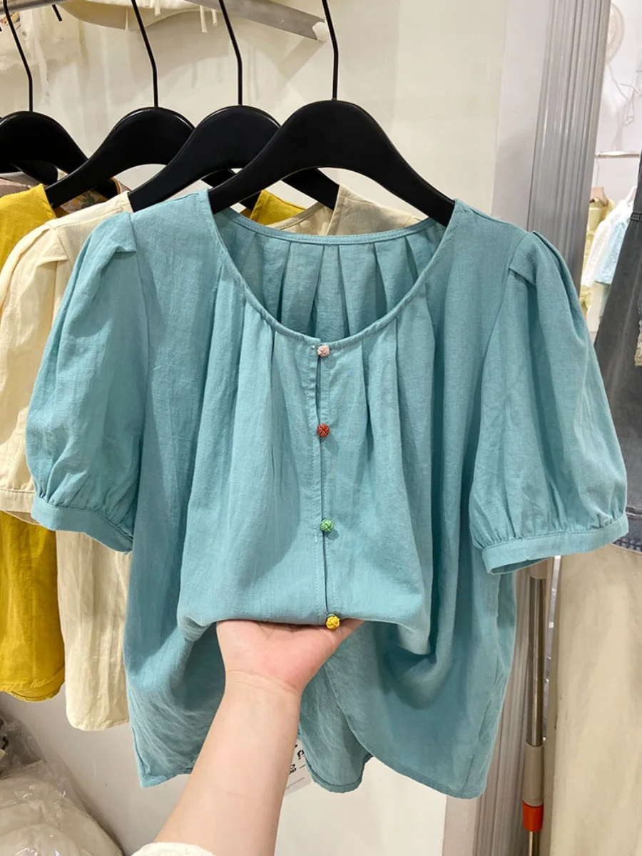 المرأة ort Sve القطن الكتان فقاعة Sve irt فضفاضة تناسب الصيف Faion الكورية Sle أعلى جولة Ne ملابس العمل غير رسمية #2