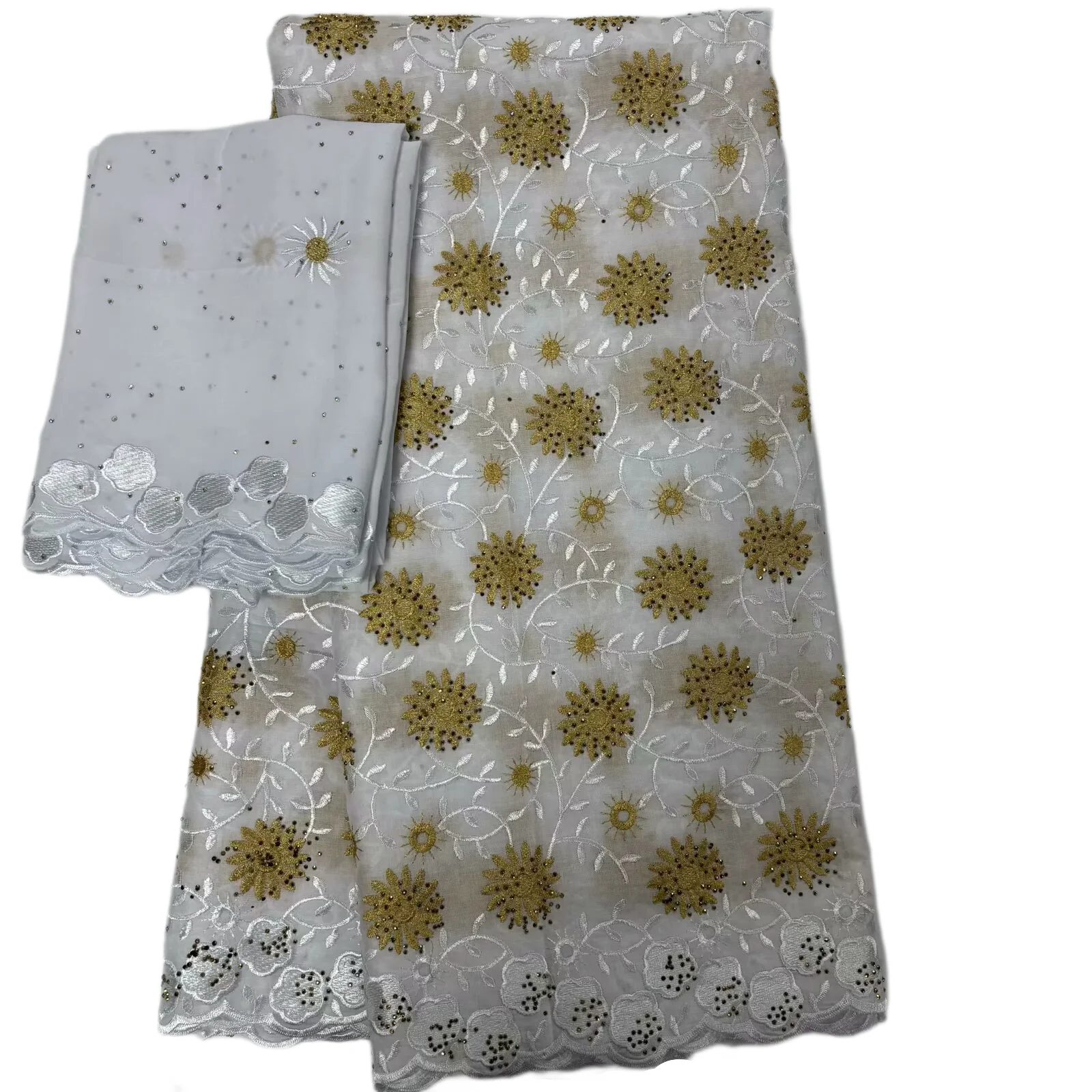 

Белый шарф высокого качества, африканская кружевная ткань, камнированный нигерийский швейцарский кружевной платок из 100% хлопка, 5 + 2 ярда для вечернего шитья