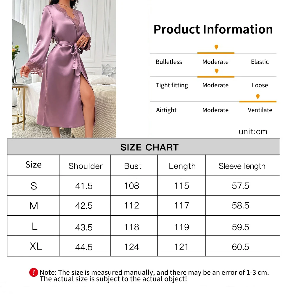 Solid Satin Night Robe Elegant Pajamas With Belt Sexy Women Sleepwear Mesh Lace Splicing V-neck Nightgown Plus Size Nightwear