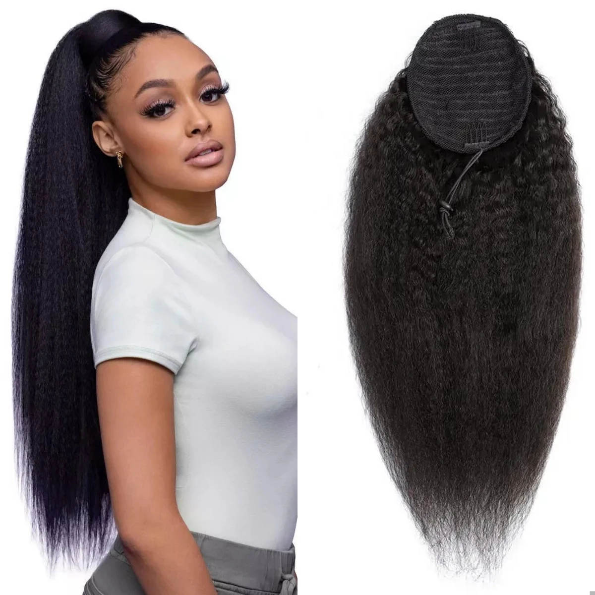 Extensões retas Kinky do cabelo humano, envolva ao redor do cordão, rabo de cavalo com grampos, Yaki reto, grampo em extensões do cabelo, cabelo do Virgin, # 1B