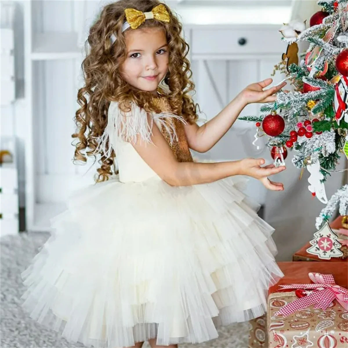 Vestido de flores para niña, ropa de tul en capas, color blanco, lentejuelas doradas, bonito vestido de flores para fiesta de cumpleaños, regalo para niña