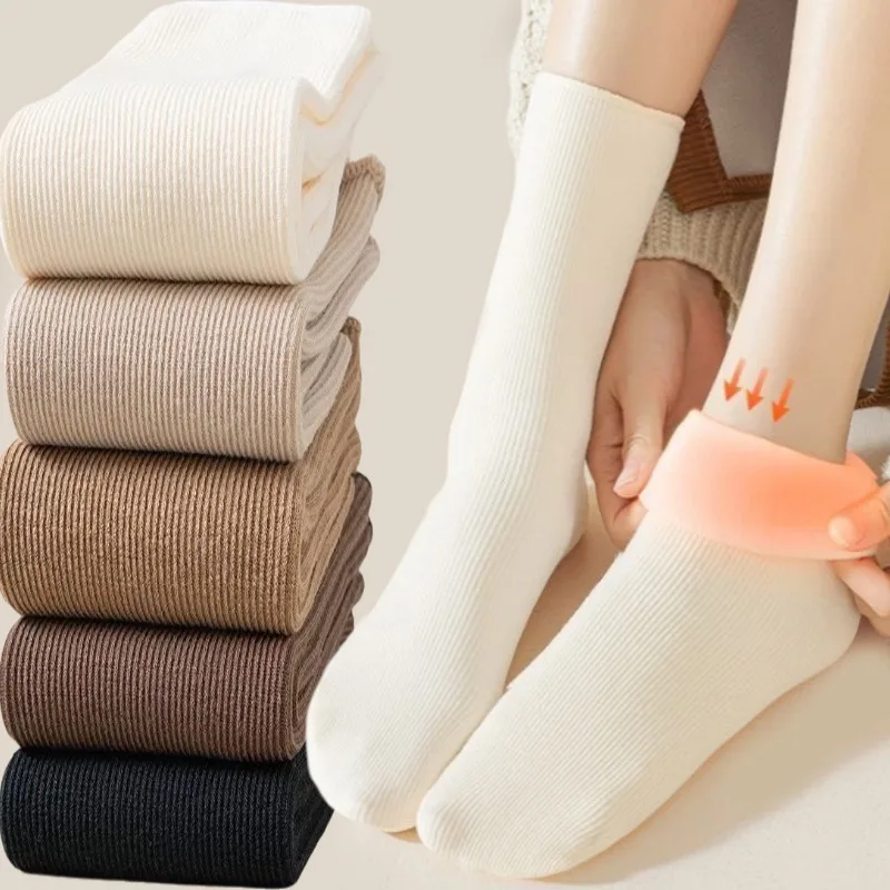 Women Winter Wool Warm Socks Middle Tube Stocking Winter Thick Vertical Straight Board Plush Postpartum Sox Warmth Floor Hosiery