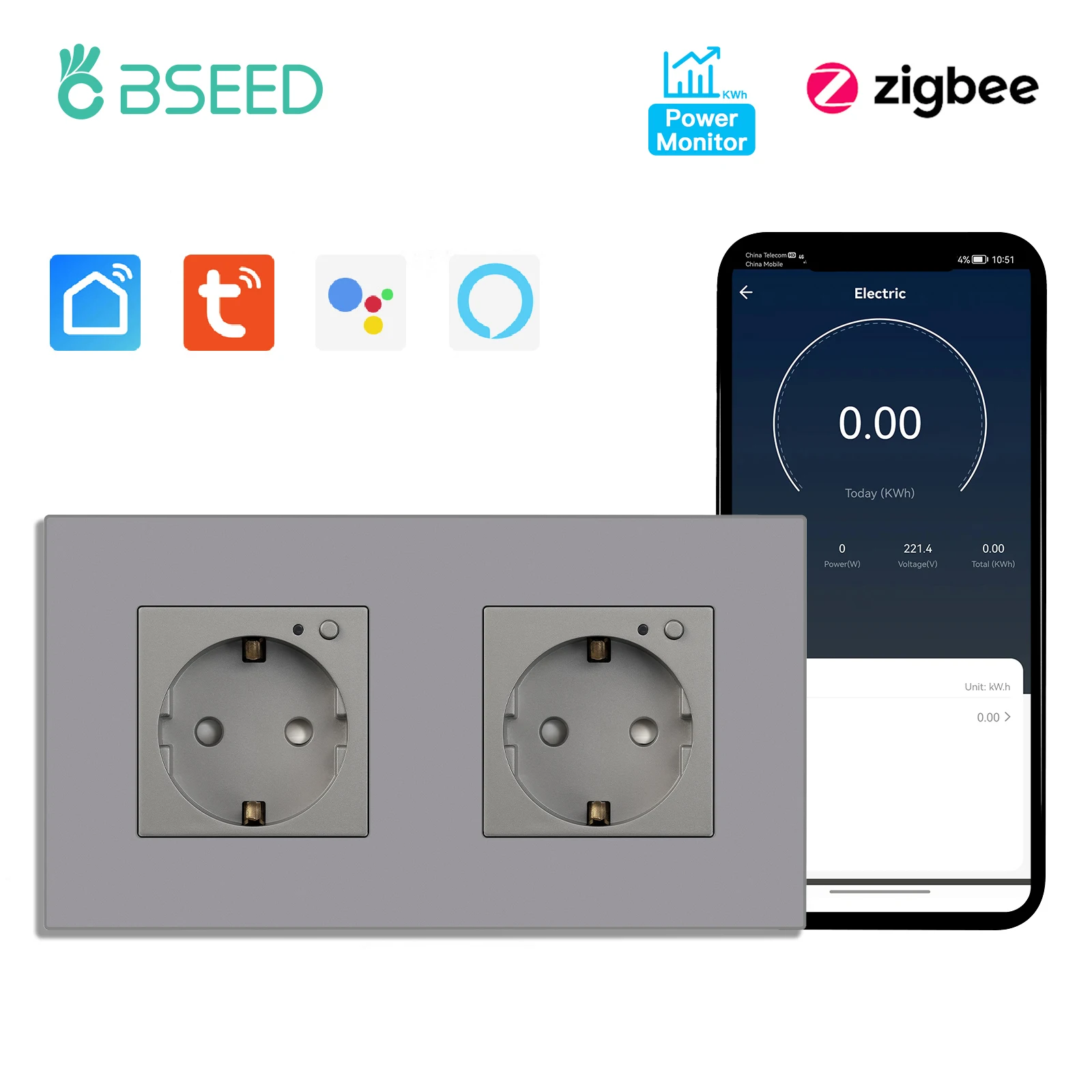 Bseed Zigbee Energy Monitor Steckdose PC Kunststoffrahmen Doppelte Smart Outlets Dreifachstecker Tuya Google Home Smart Life Control