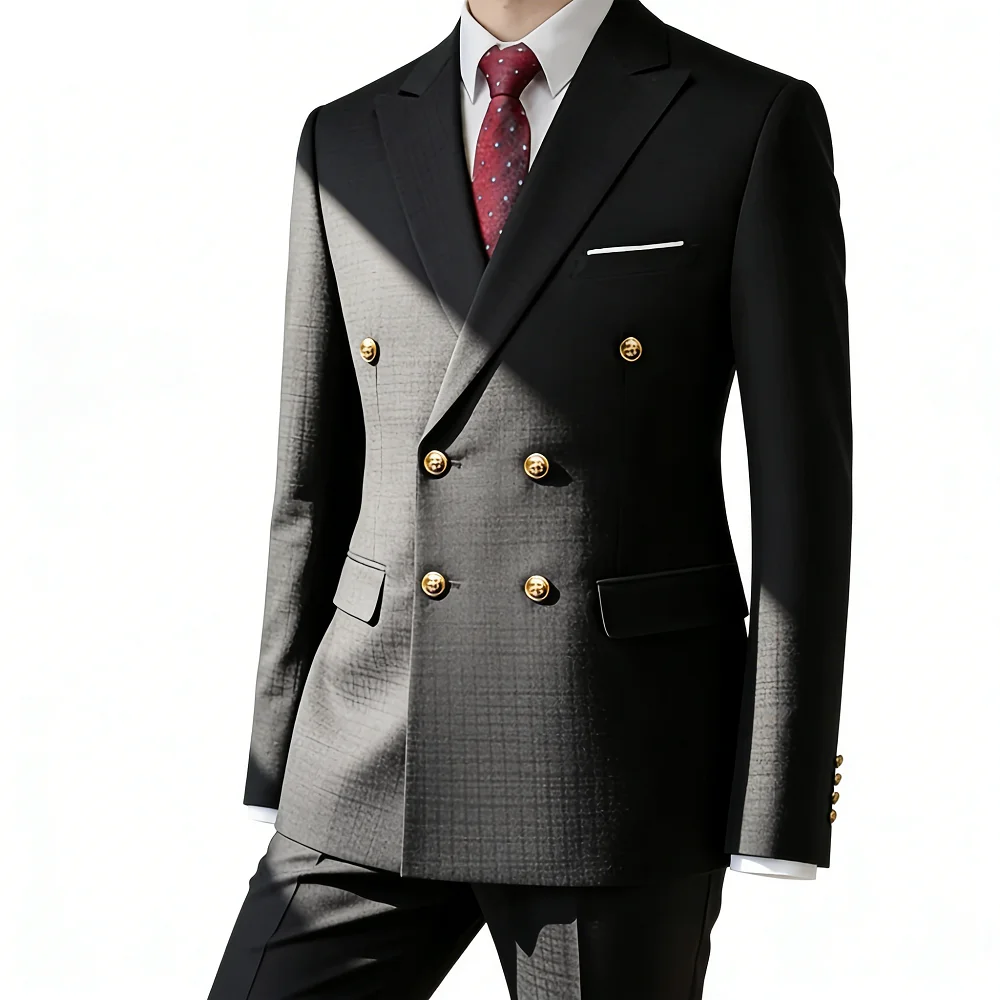 

Solid Man 2 Piece Outfit Set Peak Lapel Double-breasted Suit for Wedding Business Dresses Stage Costume Graduation Casual Suit