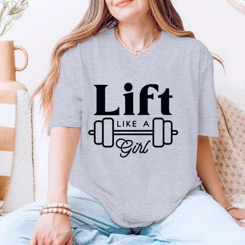 Women Lift Like A Girl Print Top Casual Short Sleeve Crew Neck Graphic Tee Fitness Gym Sport Female Daily Workout Minimalist Tee