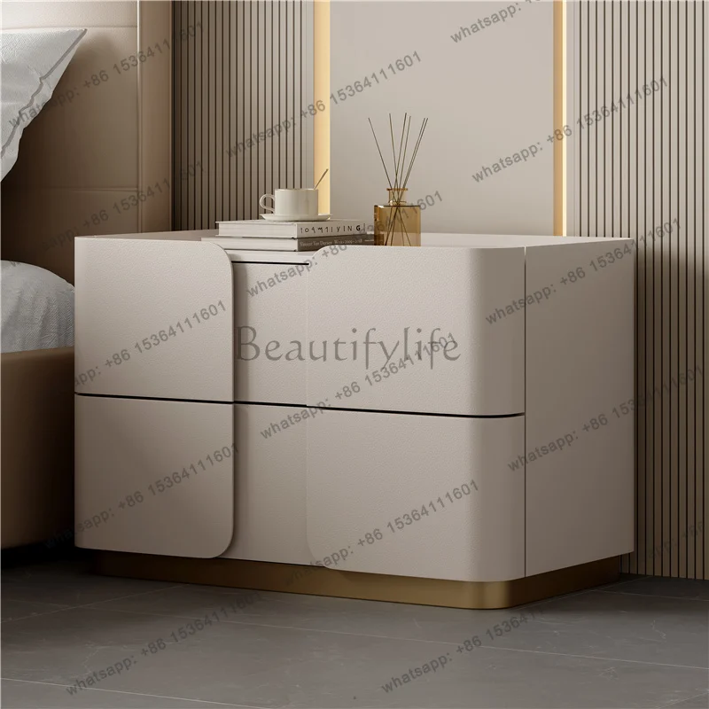 YJ All Solid Wood Leather Rock Slab Bedside Table, Advanced Modern Simple High-end Designer, Large Apartment 60-70 Wide